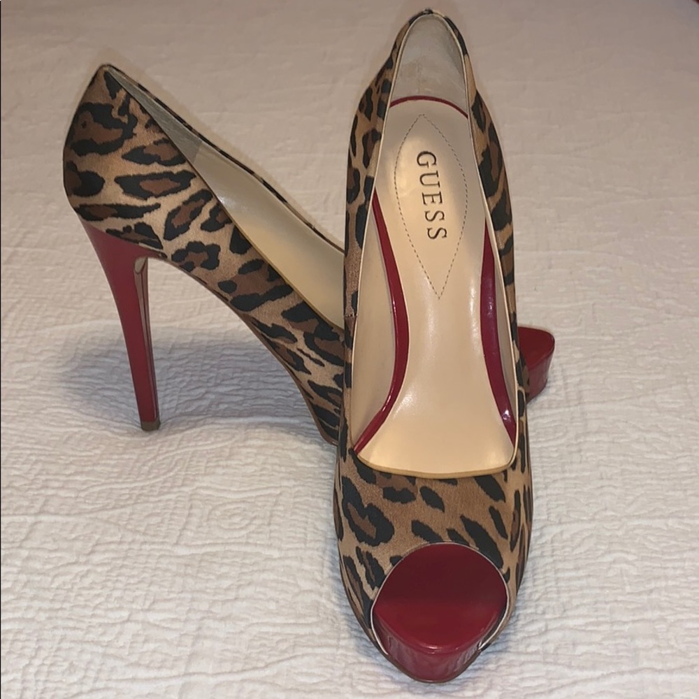 Guess leopard print peep toe heels with red base